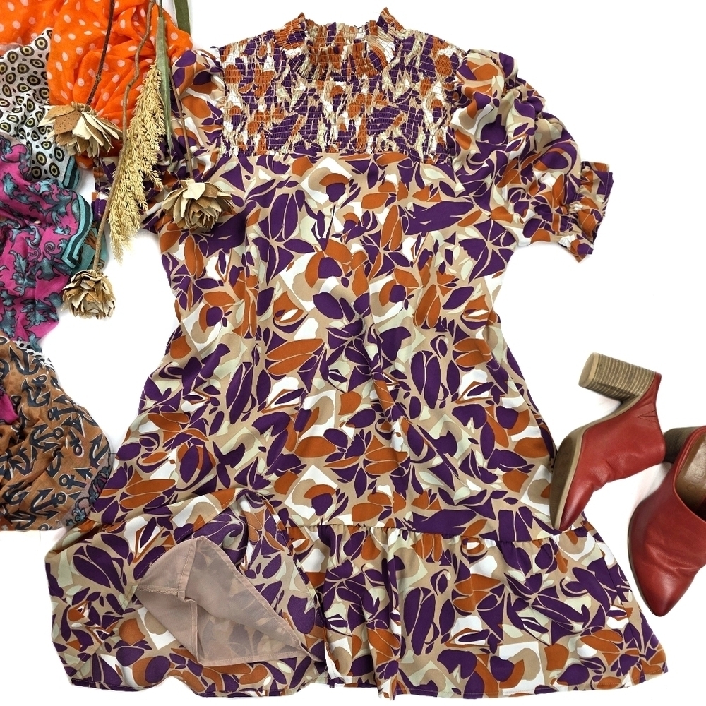 New Anthropologie THML Women's Purple and Orange Patterned Pocketed Dress XL